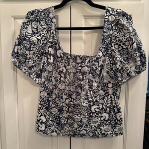 J Crew Navy blue and white floral top with elastic sleeves and a square neckline